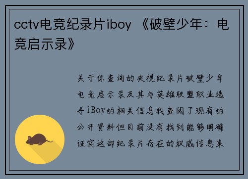 cctv电竞纪录片iboy 《破壁少年：电竞启示录》